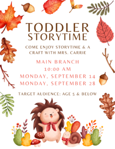 toddler storytime flyer for September at the Main Branch of the Library in Winnsboro. 